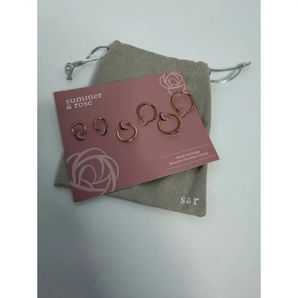Summer & Rose Gold Tone Hoop Earrings Set 3 Pairs FabFitFun NWT with Pouch